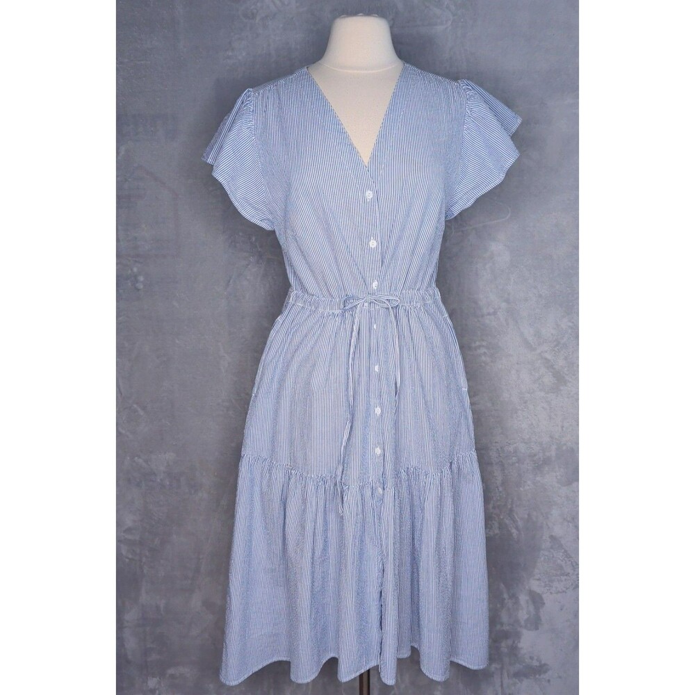 DYLAN NWOT Blue & White Striped Midi Dress Size M Tie Waist Cotton Tiered